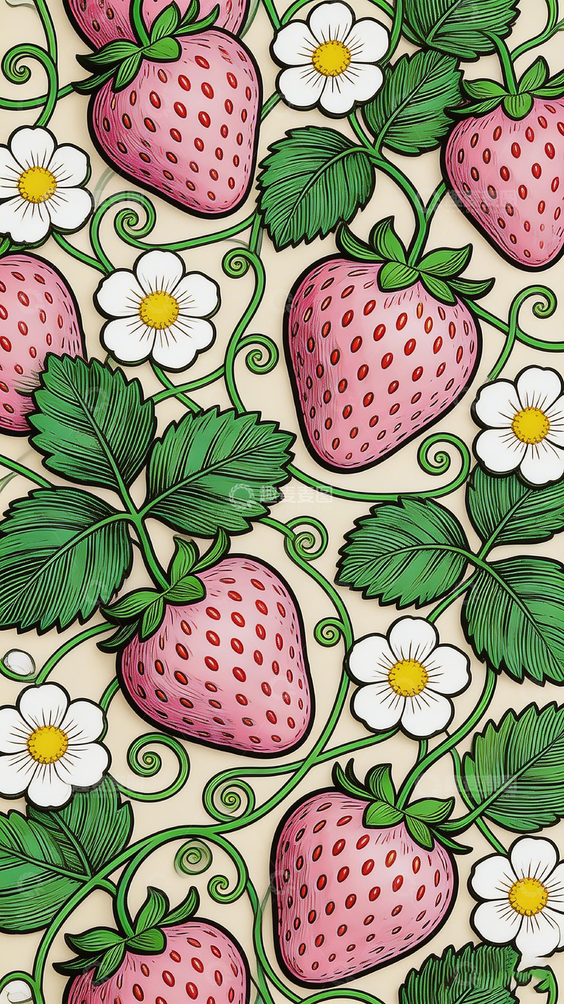 高清大图下载【趣麦麦图】草莓花朵图案插画