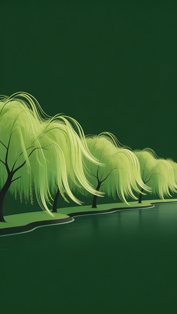 翠绿柳树水边风景插画