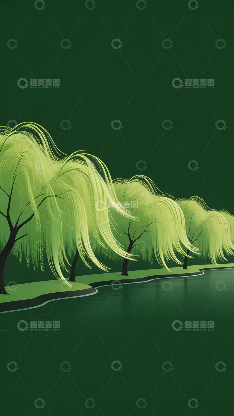 高清大图下载【趣麦麦图】翠绿柳树水边风景插画
