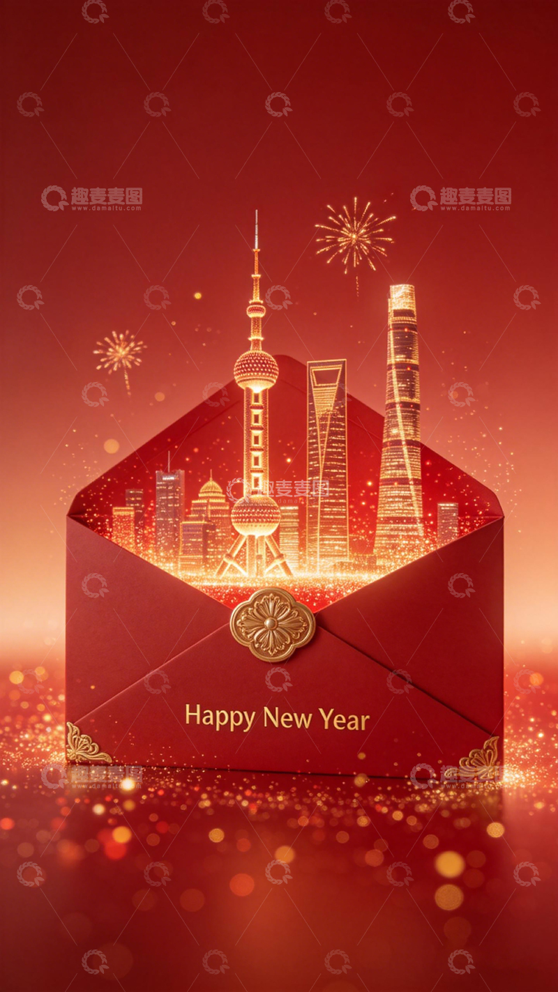 高清大图下载【趣麦麦图】新年贺卡城市烟花设计