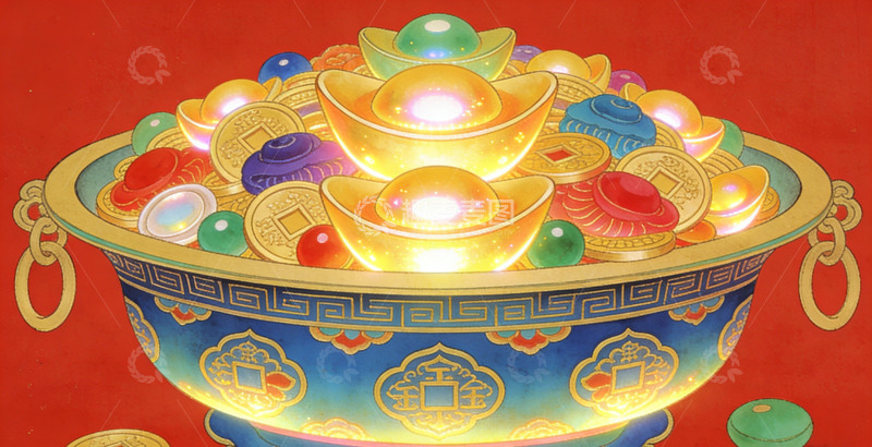 高清大图下载【趣麦麦图】聚宝盆金盆满宝吉祥图装饰画