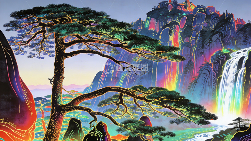 高清大图下载【趣麦麦图】梦幻山水彩虹风光插画装饰画