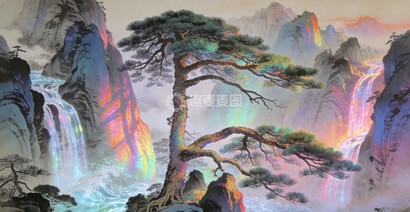 高清大图下载【趣麦麦图】水墨风山水画彩虹瀑布风光装饰画