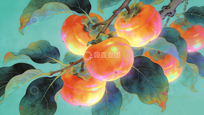 高清大图下载【趣麦麦图】柿子树彩绘艺术画作装饰画