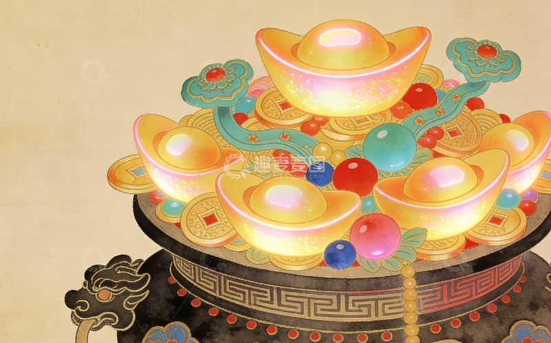 高清大图下载【趣麦麦图】聚宝盆传统中国金元宝宝石装饰图案装饰画