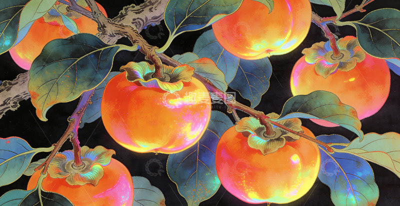 高清大图下载【趣麦麦图】彩绘柿子树插画装饰画