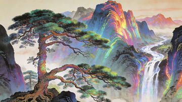 彩绘山水风景国画艺术装饰画
