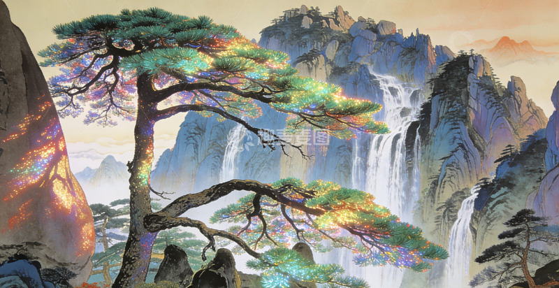 高清大图下载【趣麦麦图】山水画松树飞瀑风光画装饰画