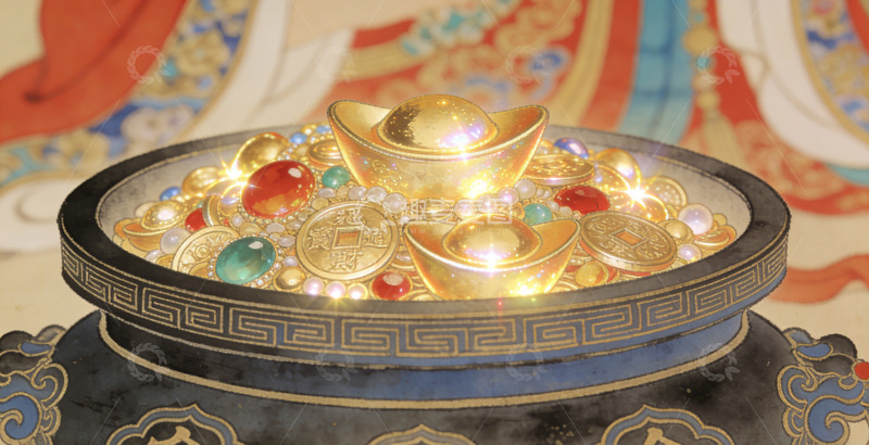 高清大图下载【趣麦麦图】古典金色财富装饰盆装饰画