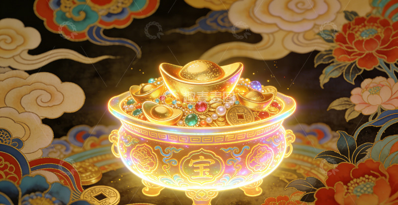 高清大图下载【趣麦麦图】聚宝盆金元宝装满宝盆吉祥图案装饰画