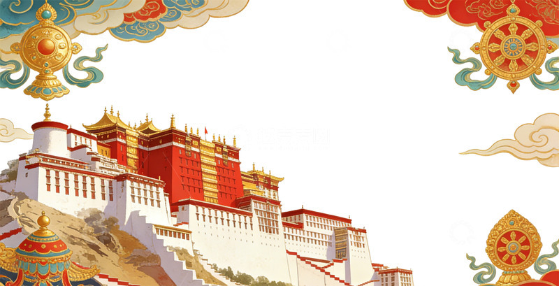 高清大图下载【趣麦麦图】布达拉宫传统中国风宫殿建筑插画