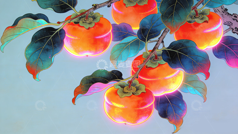 高清大图下载【趣麦麦图】霓虹彩光柿子绘画艺术作品装饰画