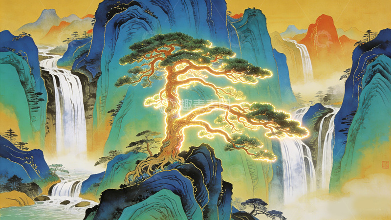 高清大图下载【趣麦麦图】山水画古风仙境风光插画装饰画