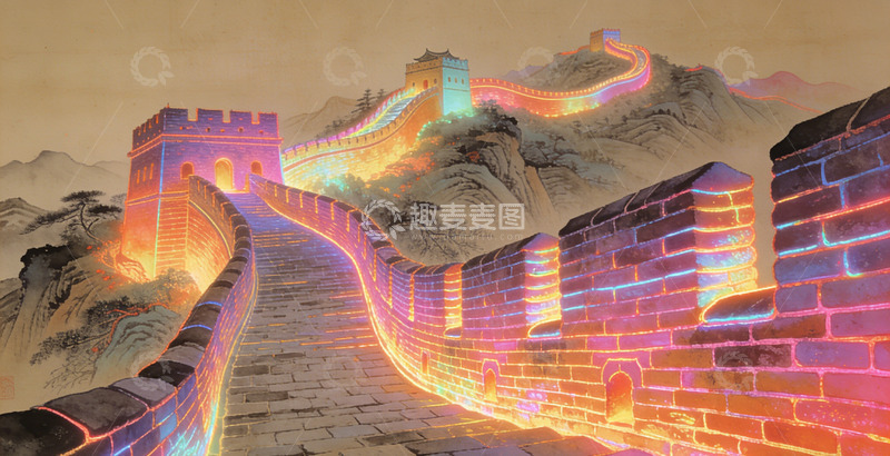 高清大图下载【趣麦麦图】绚丽光影长城艺术插画装饰画