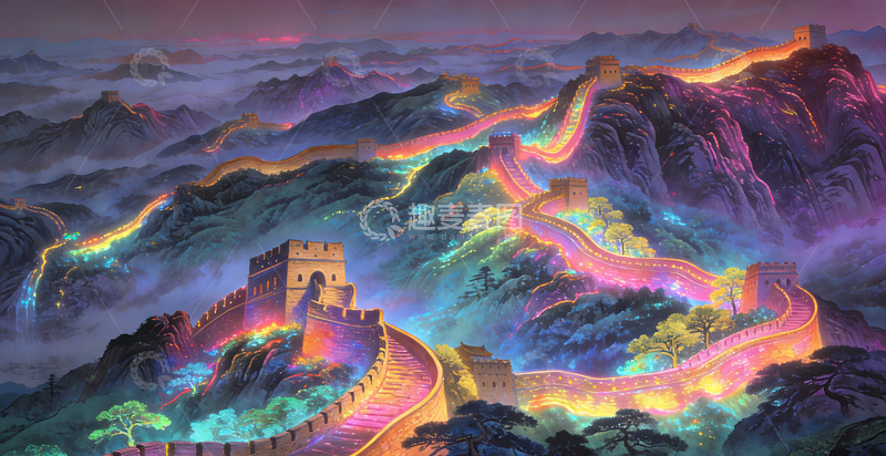 高清大图下载【趣麦麦图】梦幻长城夜景插画装饰画