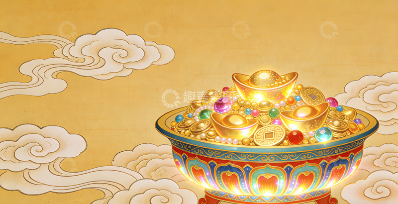 高清大图下载【趣麦麦图】聚宝盆金色财富传统中国风格图案装饰画