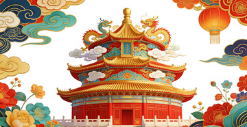 传统中国风格建筑插画