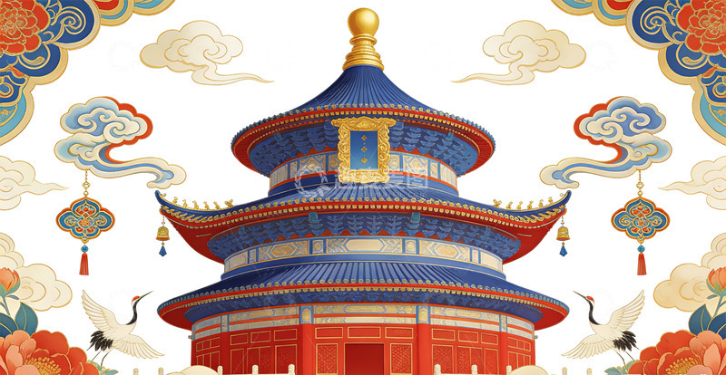 高清大图下载【趣麦麦图】中国风天坛建筑插画