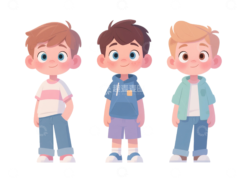 源文件下载【趣麦麦图】3个扁平插画风格小男孩1