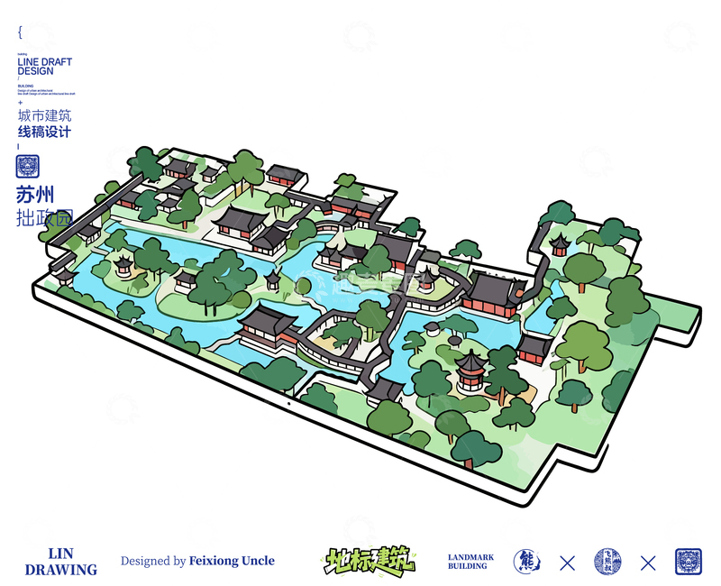 源文件下载【趣麦麦图】苏州拙政园城市地标矢量建筑线稿