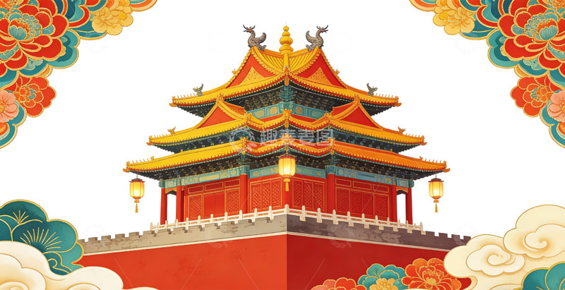 高清大图下载【趣麦麦图】传统中国风古建筑插画设计素材