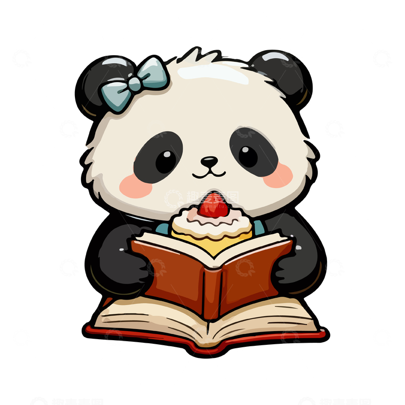 源文件下载【趣麦麦图】卡通熊猫阅读甜点图书插画