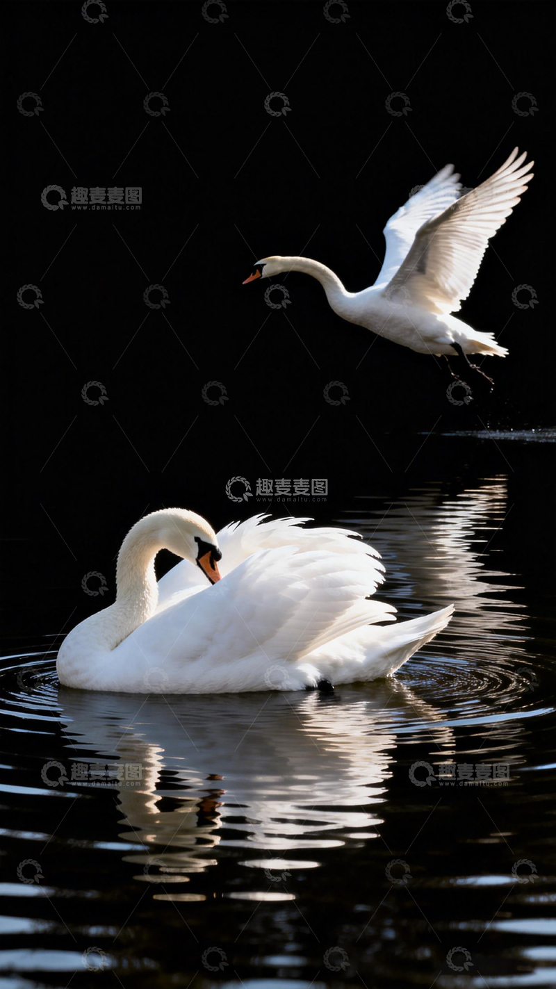 高清大图下载【趣麦麦图】黑背景天鹅飞翔湖水摄影图