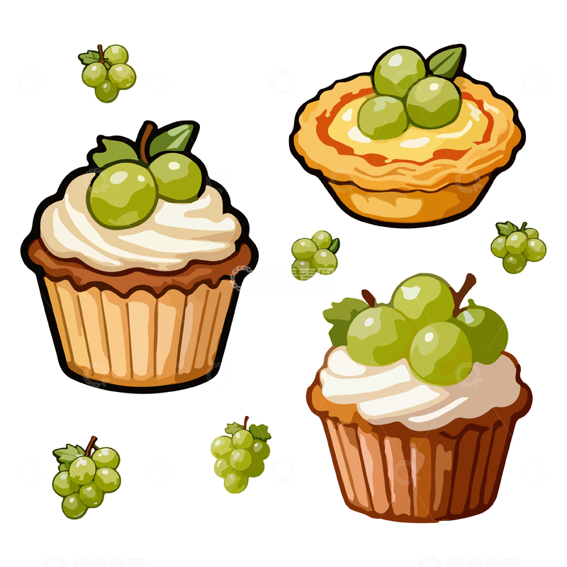源文件下载【趣麦麦图】卡通风格甜品与葡萄插画集合