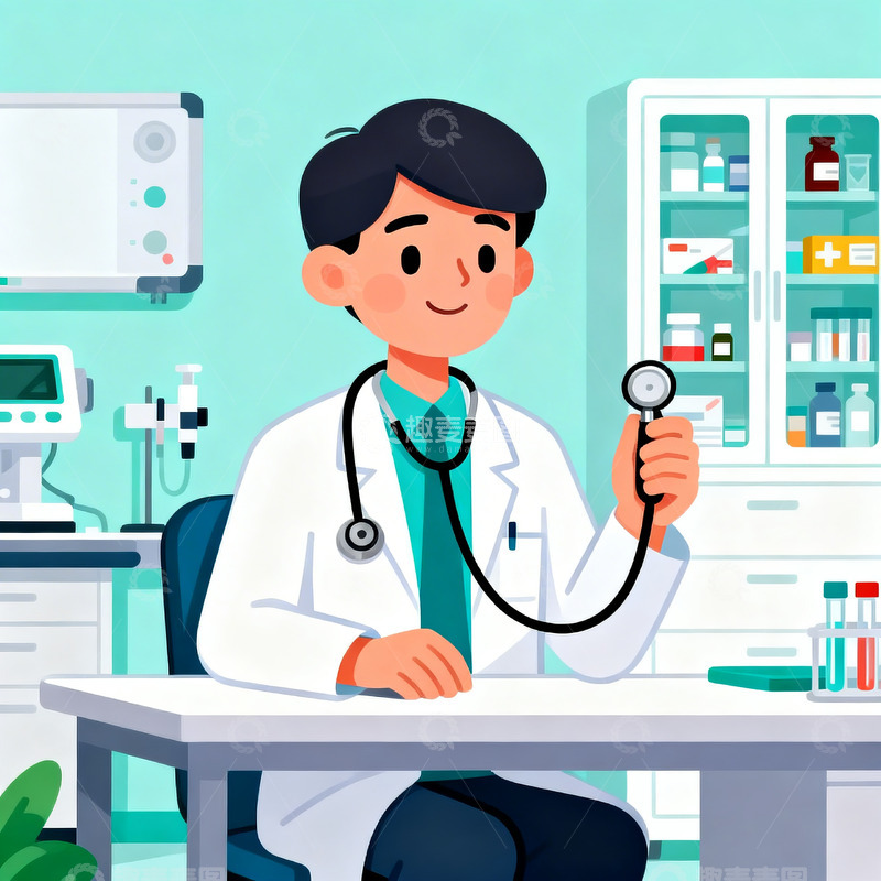 高清大图下载【趣麦麦图】扁平风格诊室里的医生1