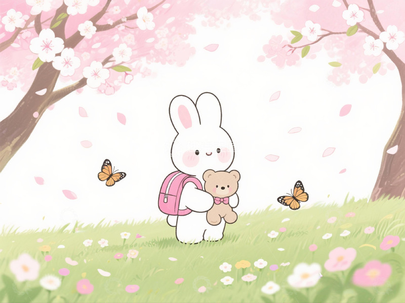 高清大图下载【趣麦麦图】春日樱花兔玩偶插画