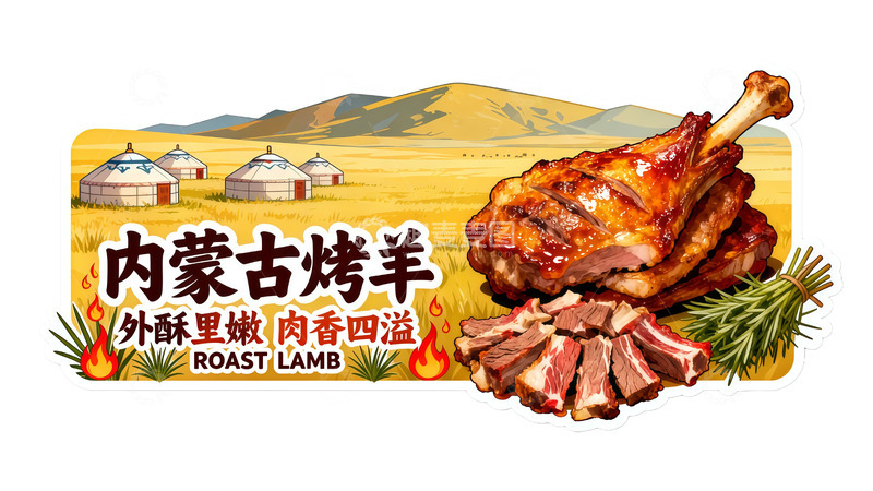 高清大图下载【趣麦麦图】内蒙古烤羊美食插画