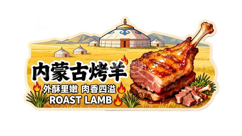 高清大图下载【趣麦麦图】草原烤羊美食插画餐饮