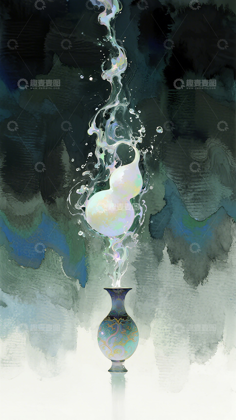 高清大图下载【趣麦麦图】水墨花瓶泡泡艺术插画