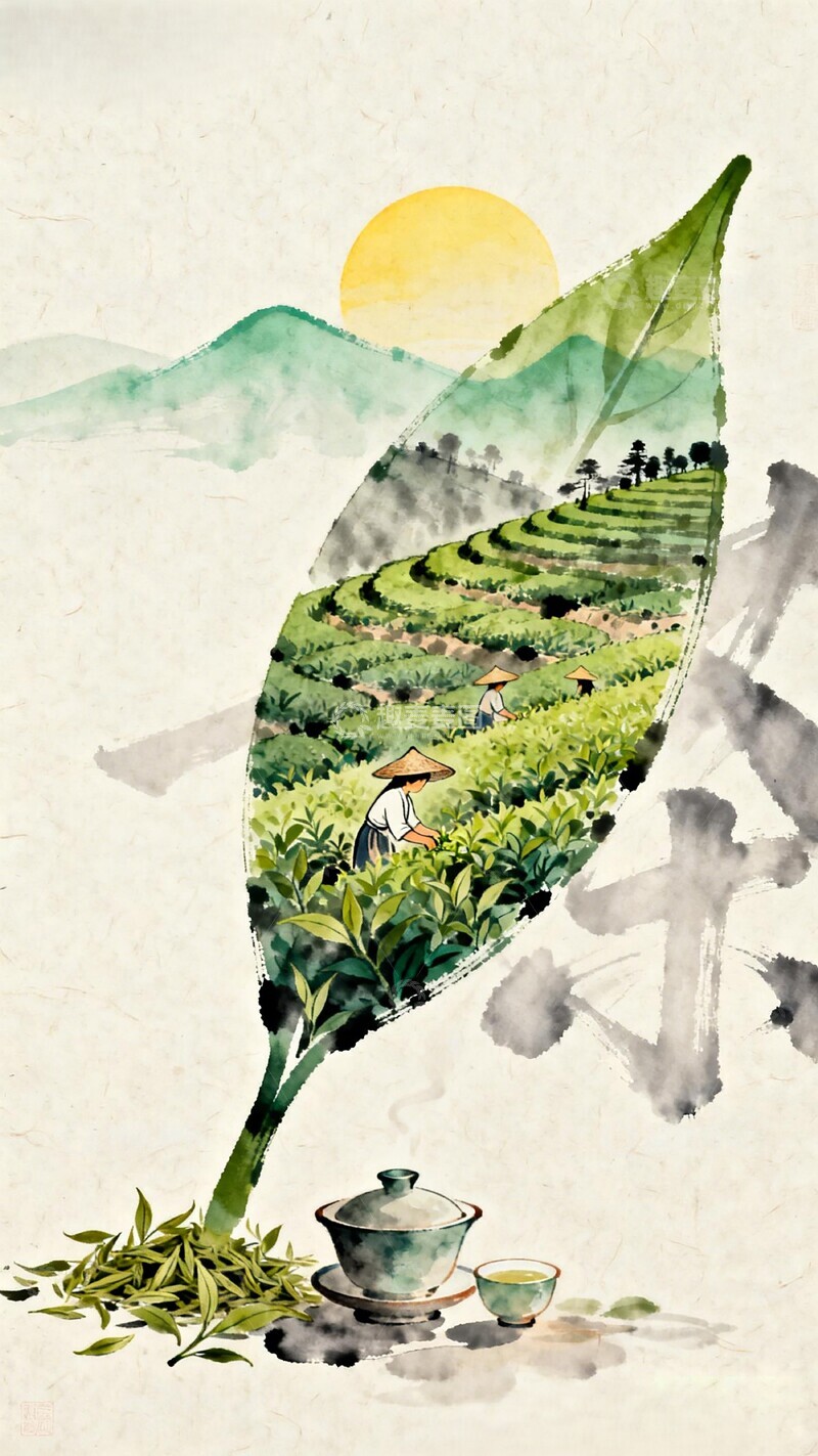 高清大图下载【趣麦麦图】水墨画茶园劳作场景