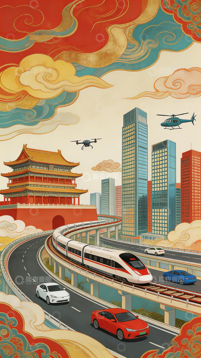 高清大图下载【趣麦麦图】传统与现代融合城市风光插画
