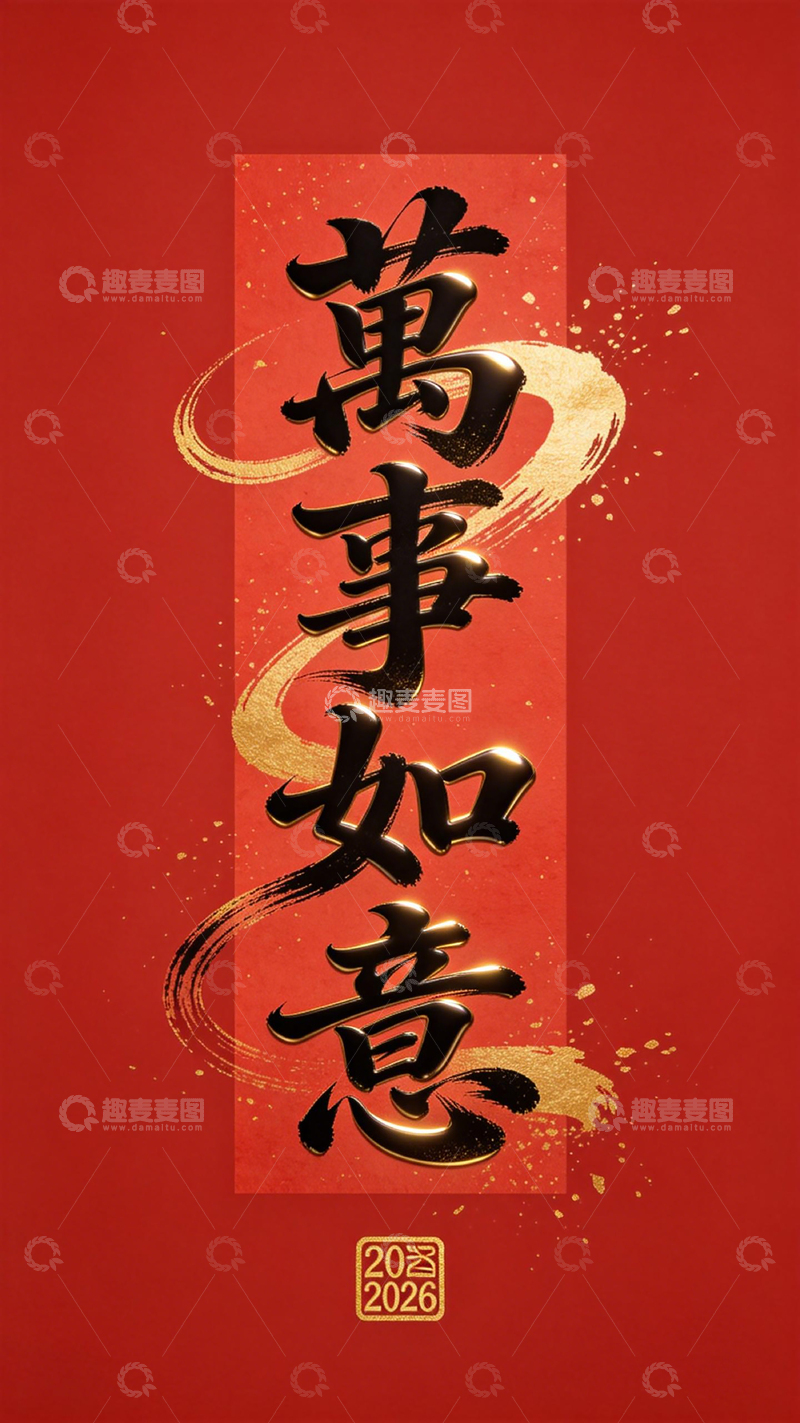 高清大图下载【趣麦麦图】红色喜庆万事如意书法海报