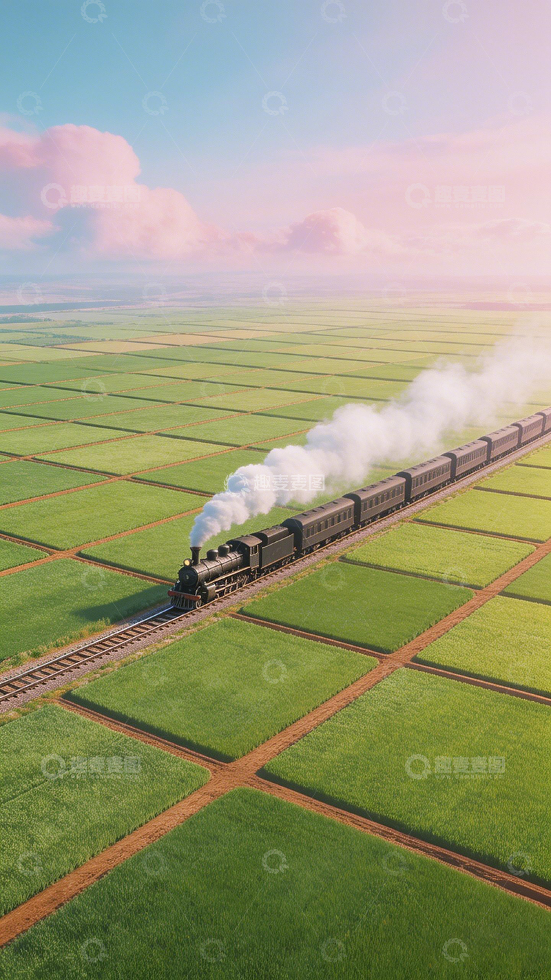 高清大图下载【趣麦麦图】蒸汽火车绿野穿行田园风光