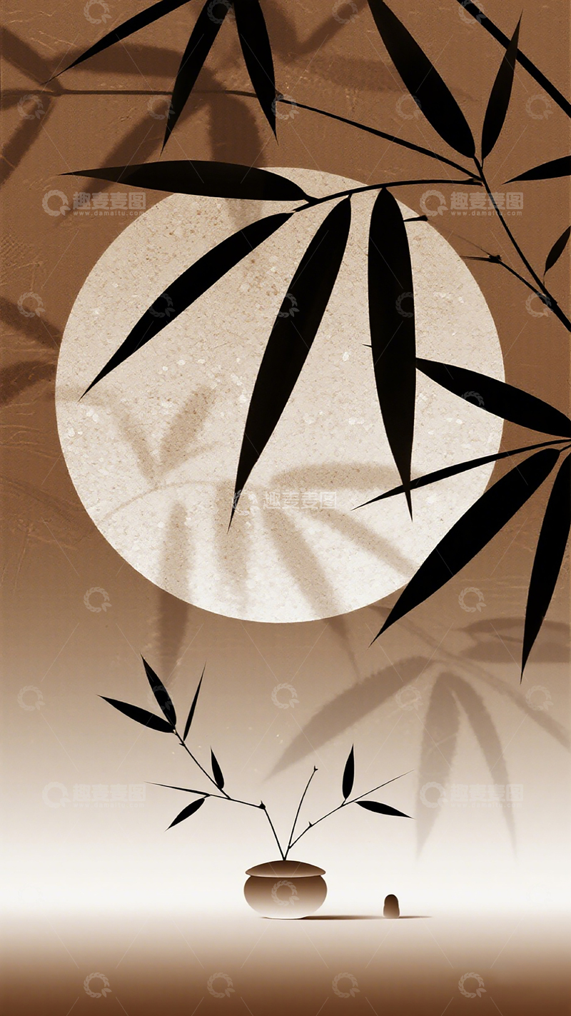 高清大图下载【趣麦麦图】东方禅意竹子月影艺术插画