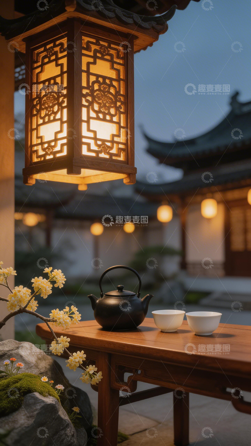 高清大图下载【趣麦麦图】古风庭院茶具景观