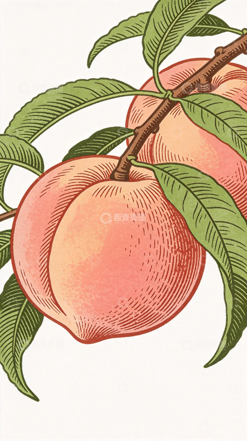 高清大图下载【趣麦麦图】复古插画桃子树枝叶设计素材