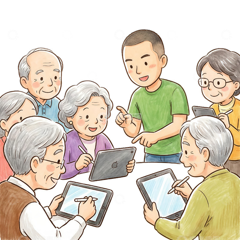 高清大图下载【趣麦麦图】老年学习平板电脑插画素材