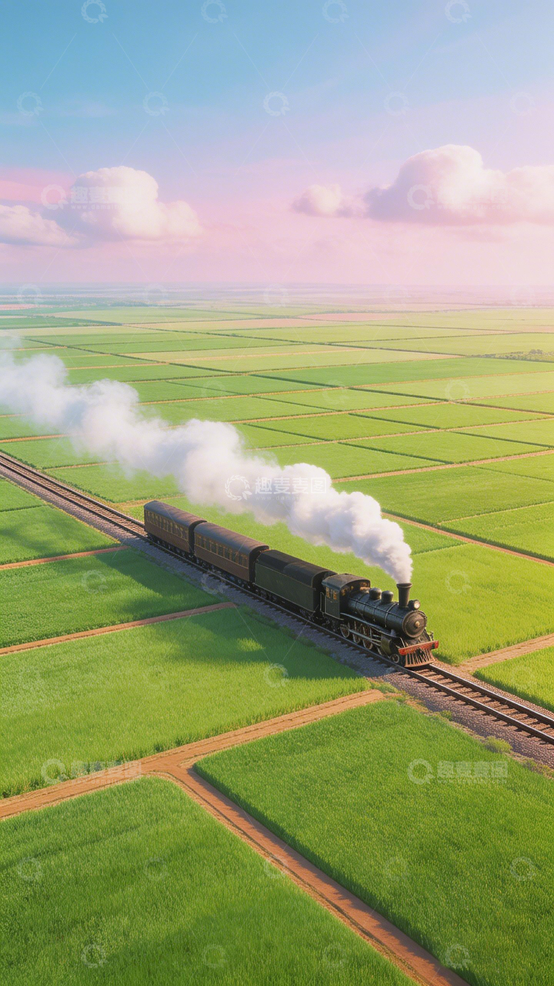 高清大图下载【趣麦麦图】蒸汽火车田野穿行田园风光