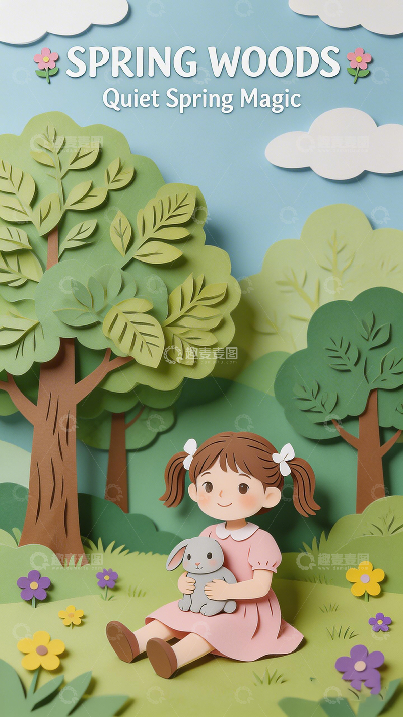 高清大图下载【趣麦麦图】纸艺春天女孩动物场景