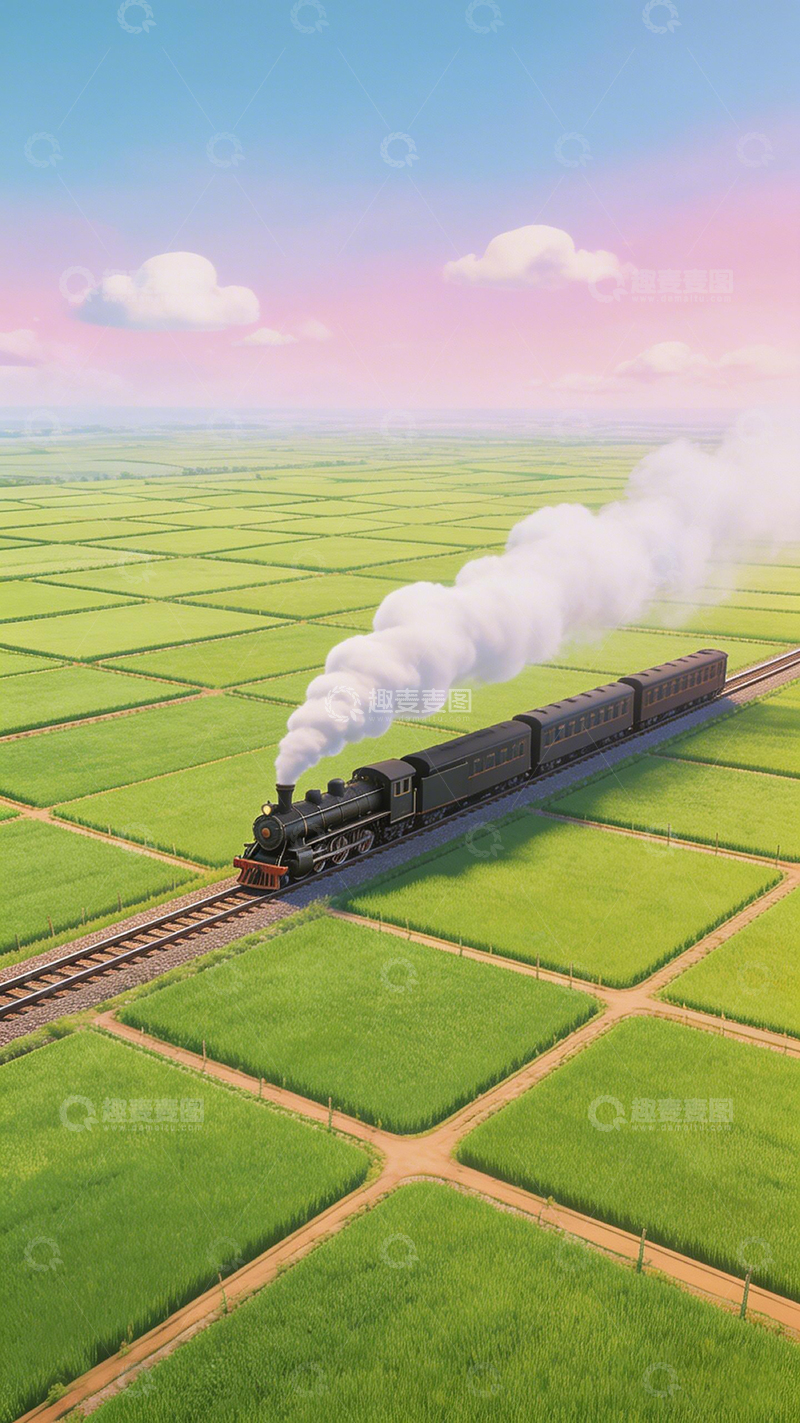 高清大图下载【趣麦麦图】蒸汽火车田野风景插画