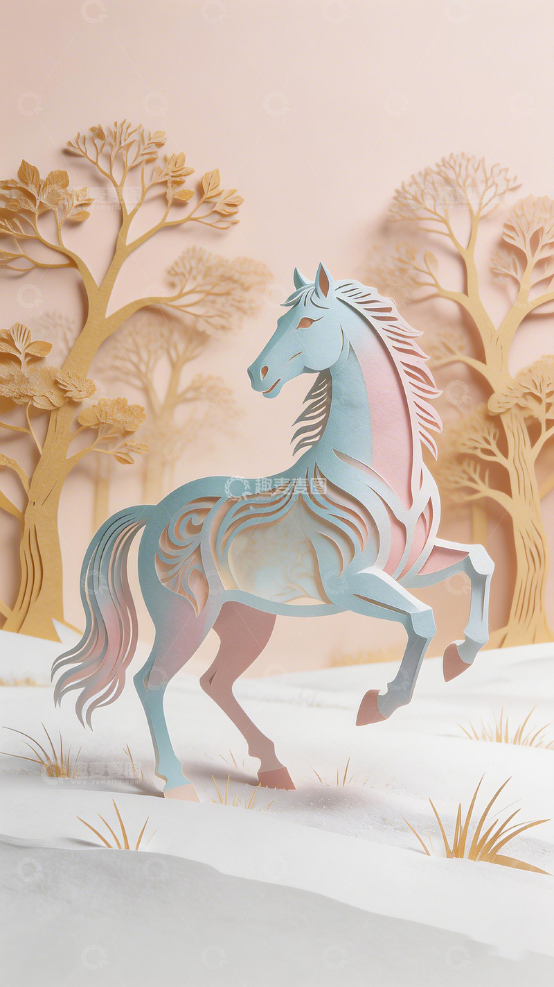 高清大图下载【趣麦麦图】纸艺马匹森林风光