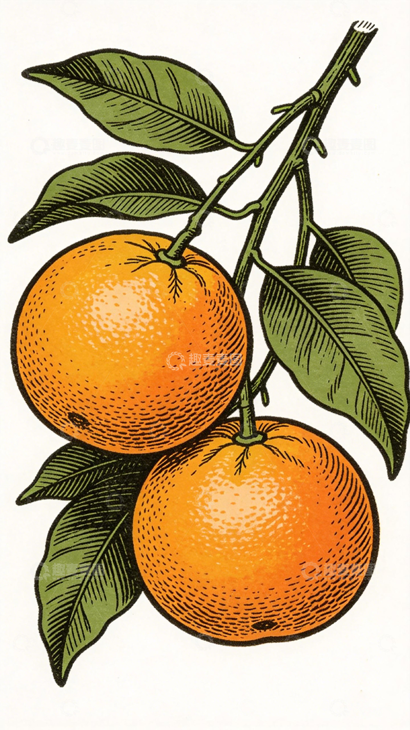 高清大图下载【趣麦麦图】插画风橙子果树插图
