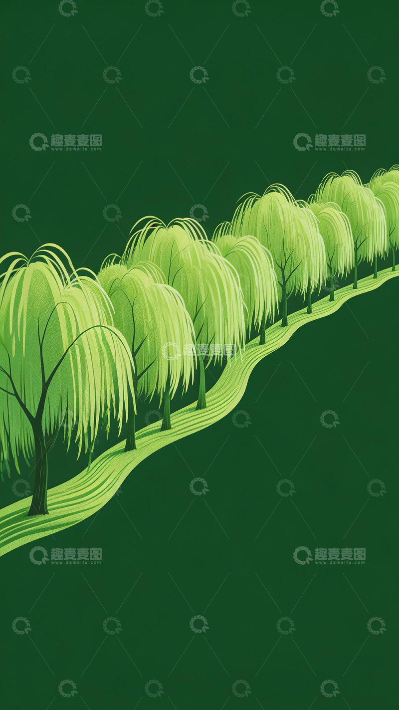高清大图下载【趣麦麦图】绿意盎然柳树插画