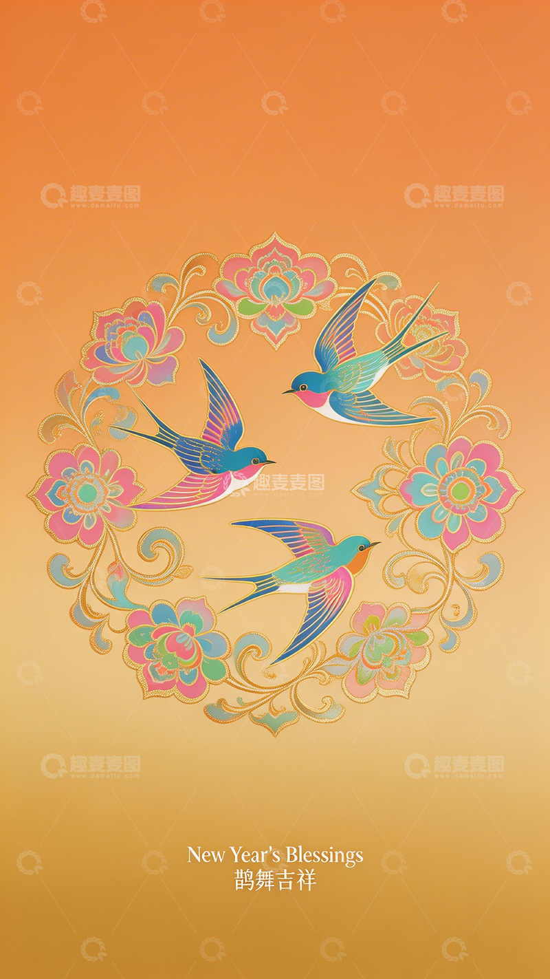 高清大图下载【趣麦麦图】新年祝福花鸟图案设计1