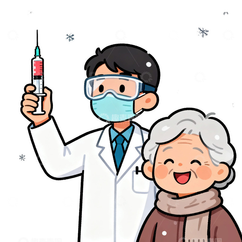高清大图下载【趣麦麦图】卡通医生老人疫苗宣传图