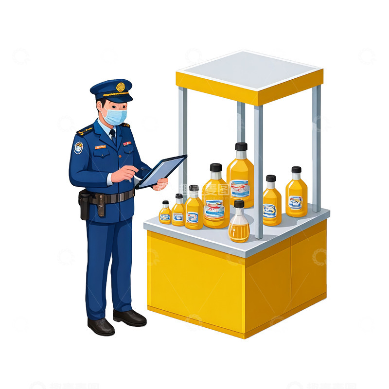 高清大图下载【趣麦麦图】警察检查消毒水摊位插画